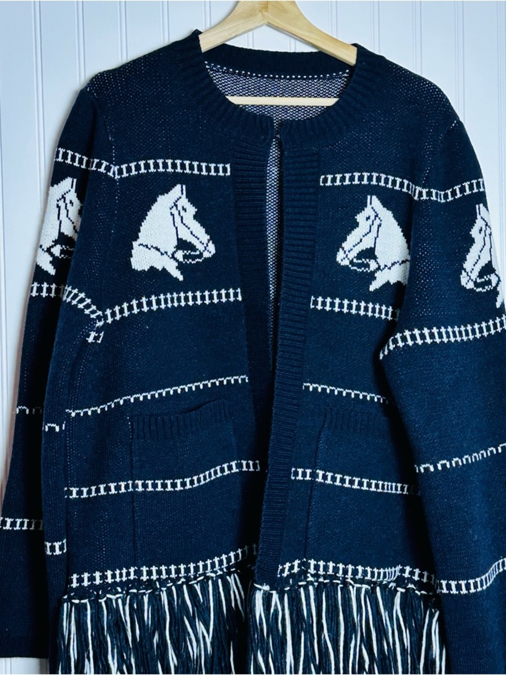 COMMENSE Horse-Pattern Wool Blend Fringe Cardigan XL - Picture 8 of 16